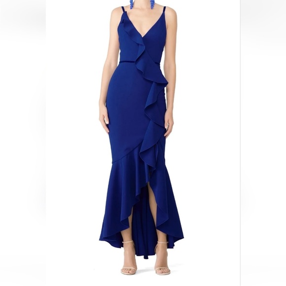 Marchesa Notte Sleeveless Stretch Crepe Ruffle Gown Royal Blue Size 0 - Picture 1 of 14